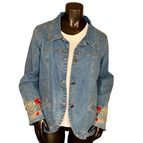 Denim & Co Embroidered Denim Jean Jacket Womens Size Medium Floral Lined Pockets - Picture 1 of 7
